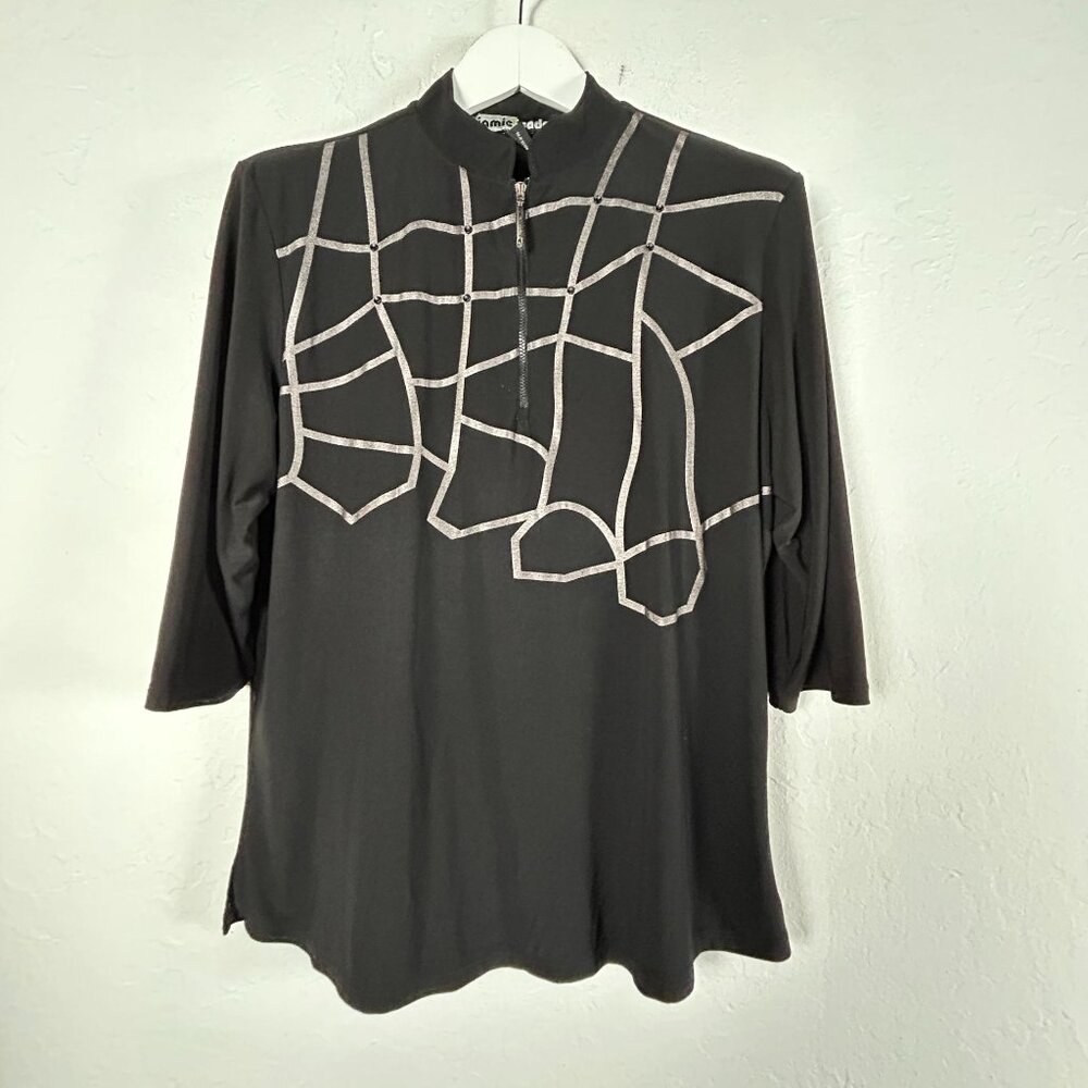 Jamie Sadock Womens Black 3/4 Sleeve 1/4-Zip Active Top Large Abstract Gray Grid